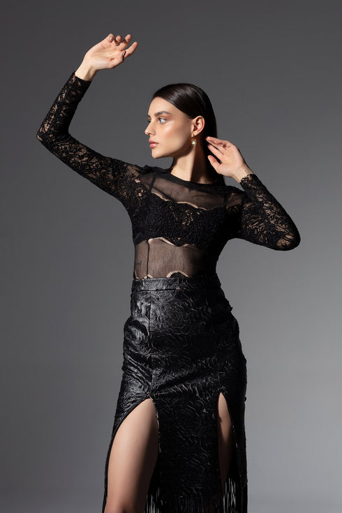 Deep Slit Leather Pencil Skirt